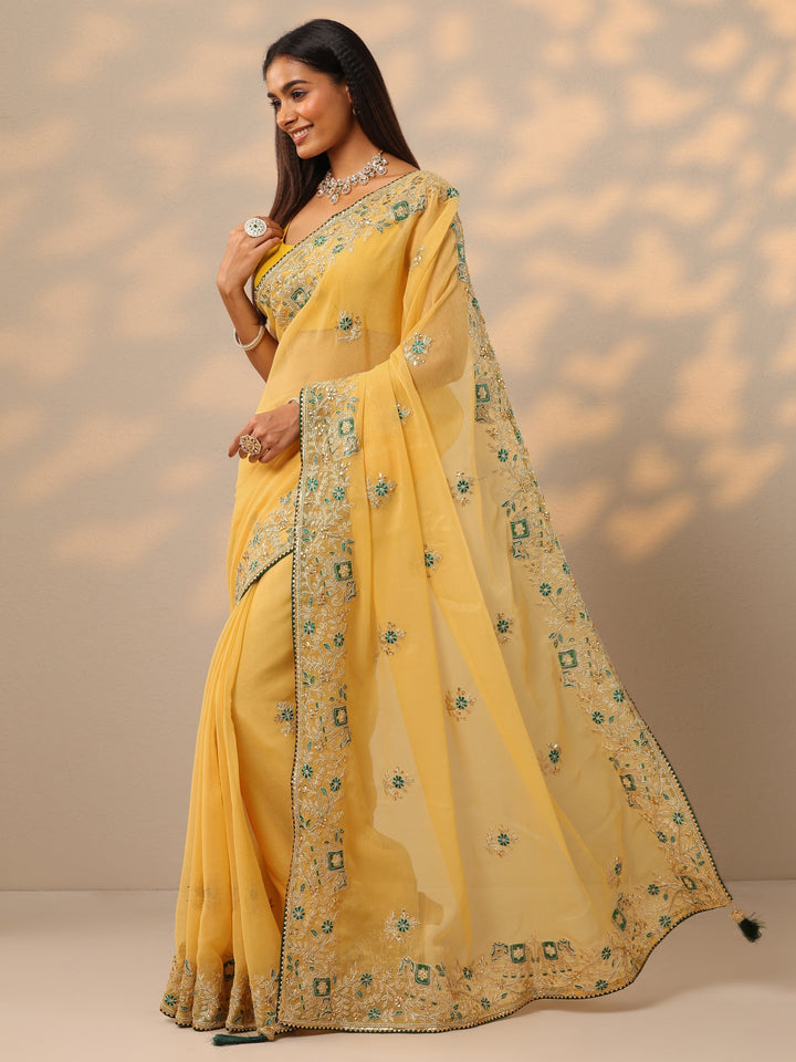 Mustard Embroidered Chinon Saree With Unstitched Blouse Piece