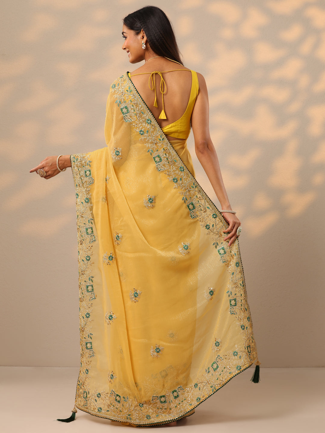 Mustard Embroidered Chinon Saree With Unstitched Blouse Piece