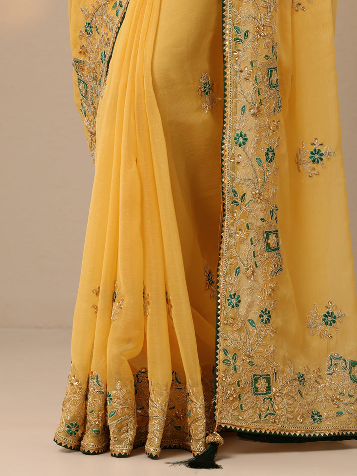 Mustard Embroidered Chinon Saree With Unstitched Blouse Piece