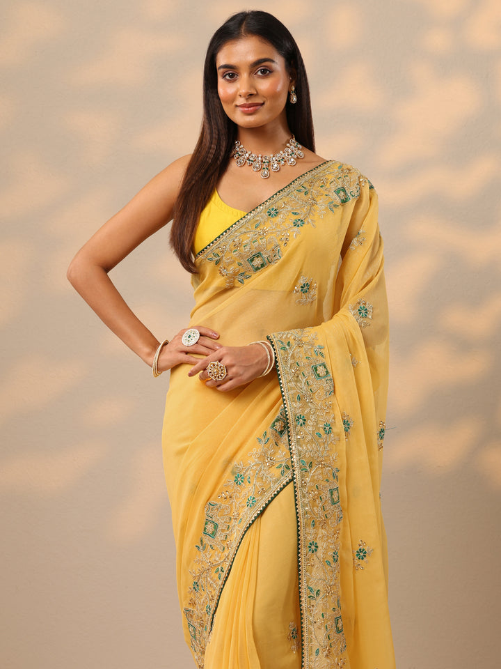 Mustard Embroidered Chinon Saree With Unstitched Blouse Piece