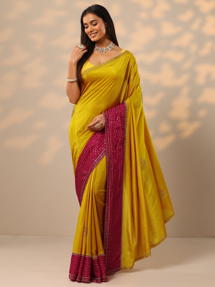 Mustard Embellished Crepe Saree With Unstitched Blouse Piece