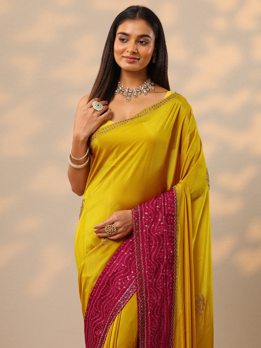 Mustard Embellished Crepe Saree With Unstitched Blouse Piece