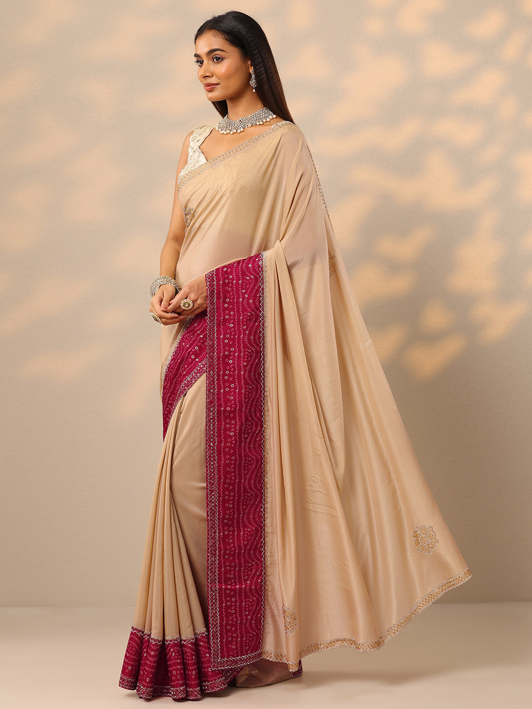 Beige Embellished Crepe Saree With Unstitched Blouse Piece