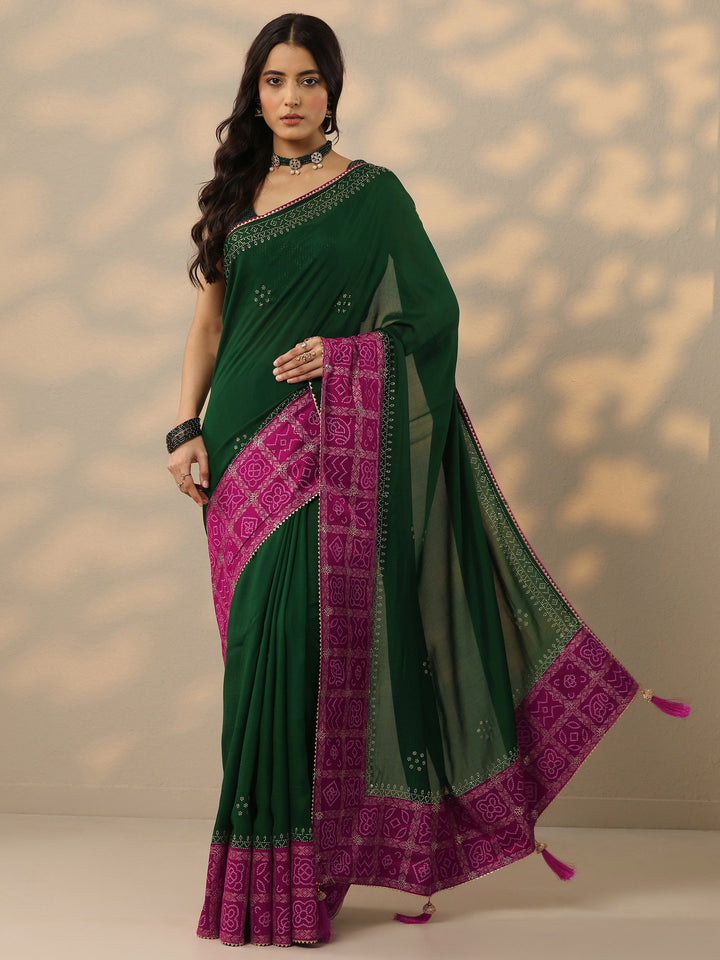 Green Printed Chinon Saree With Unstitched Blouse Piece