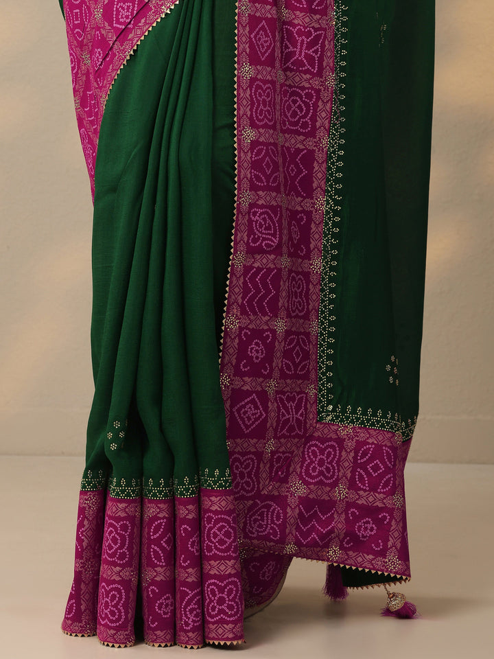 Green Printed Chinon Saree With Unstitched Blouse Piece