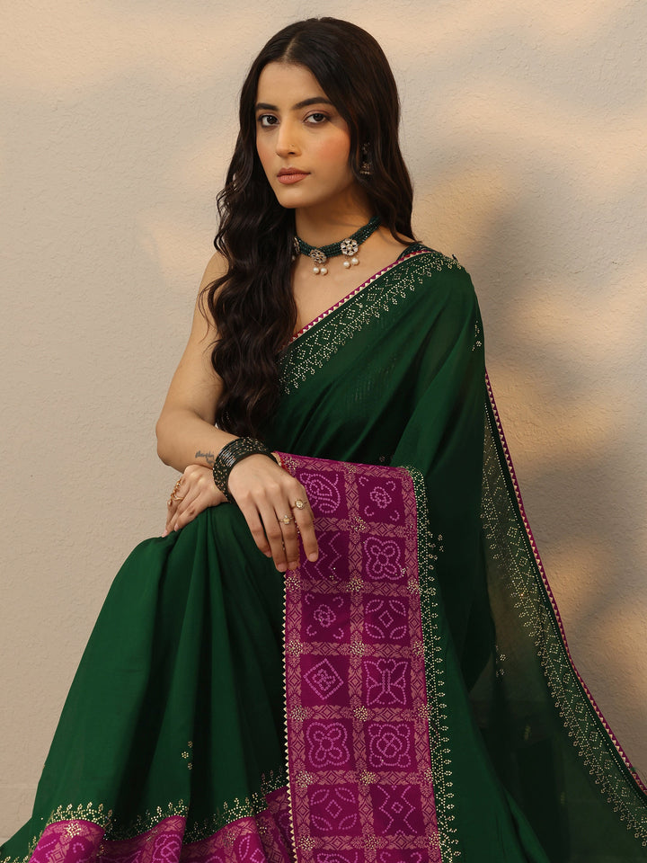 Green Printed Chinon Saree With Unstitched Blouse Piece