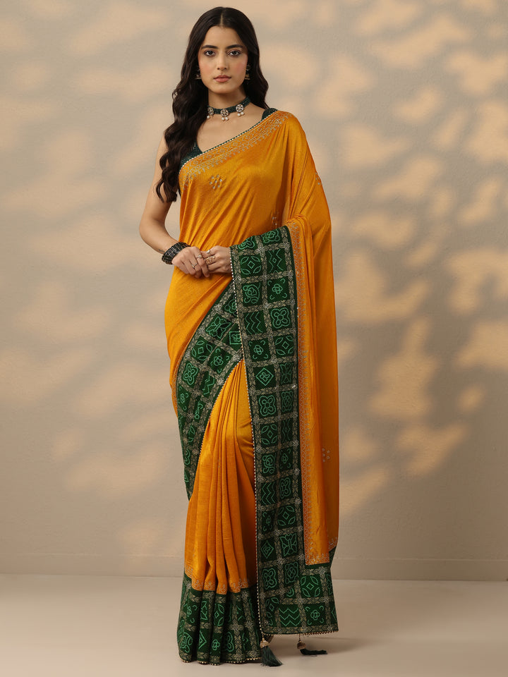 Mustard Printed Chinon Saree With Unstitched Blouse Piece