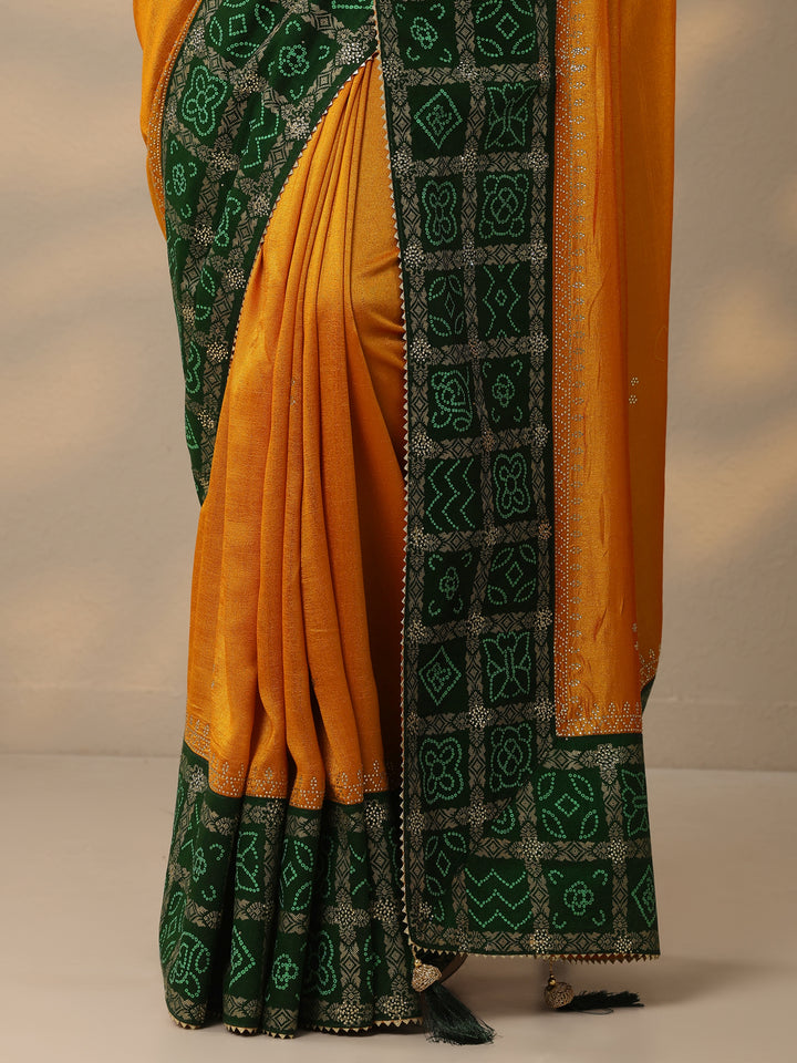 Mustard Printed Chinon Saree With Unstitched Blouse Piece