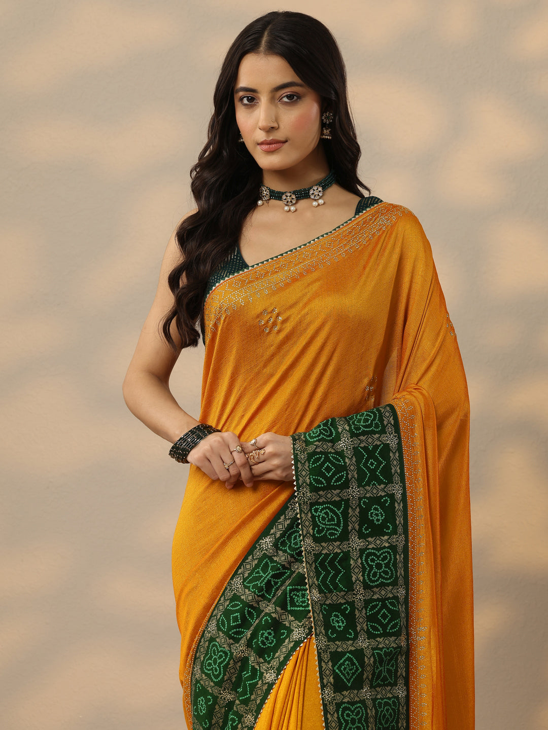 Mustard Printed Chinon Saree With Unstitched Blouse Piece