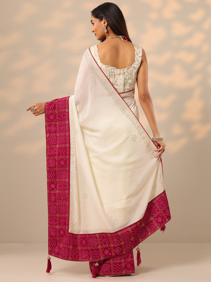 White Embroidered Chinon Saree With Unstitched Blouse Piece