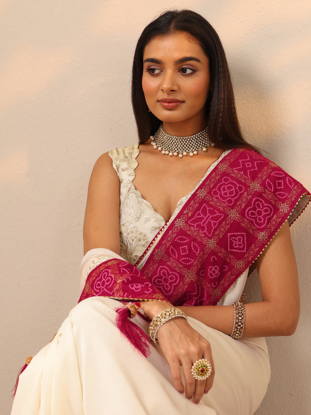 White Embroidered Chinon Saree With Unstitched Blouse Piece