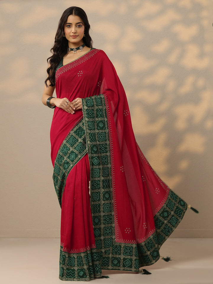 Red Printed Chinon Saree With Unstitched Blouse Piece