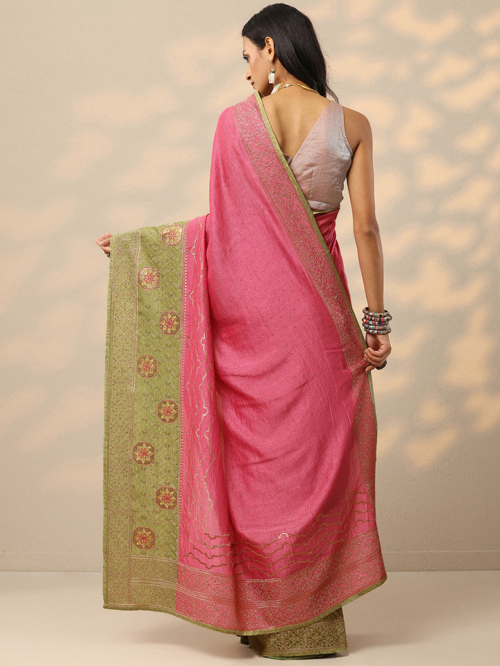 Pink Embellished Silk Blend Saree With Unstitched Blouse Piece