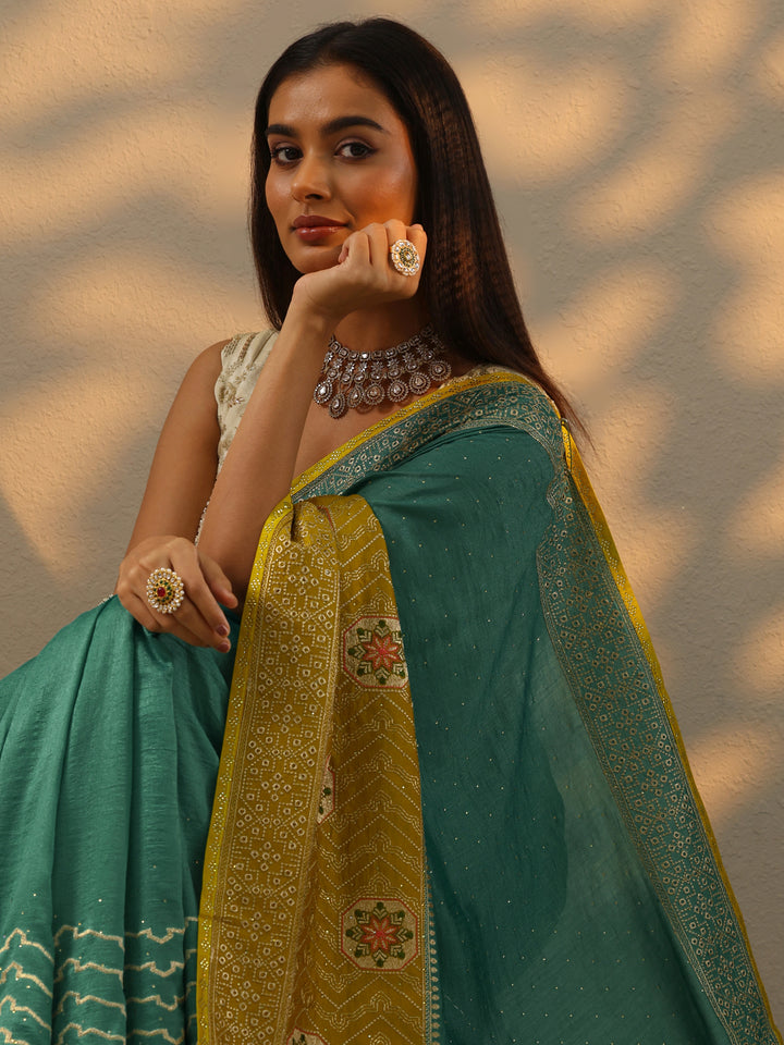 Turquoise blue Embellished Silk blend Saree With Unstitched Blouse Piece