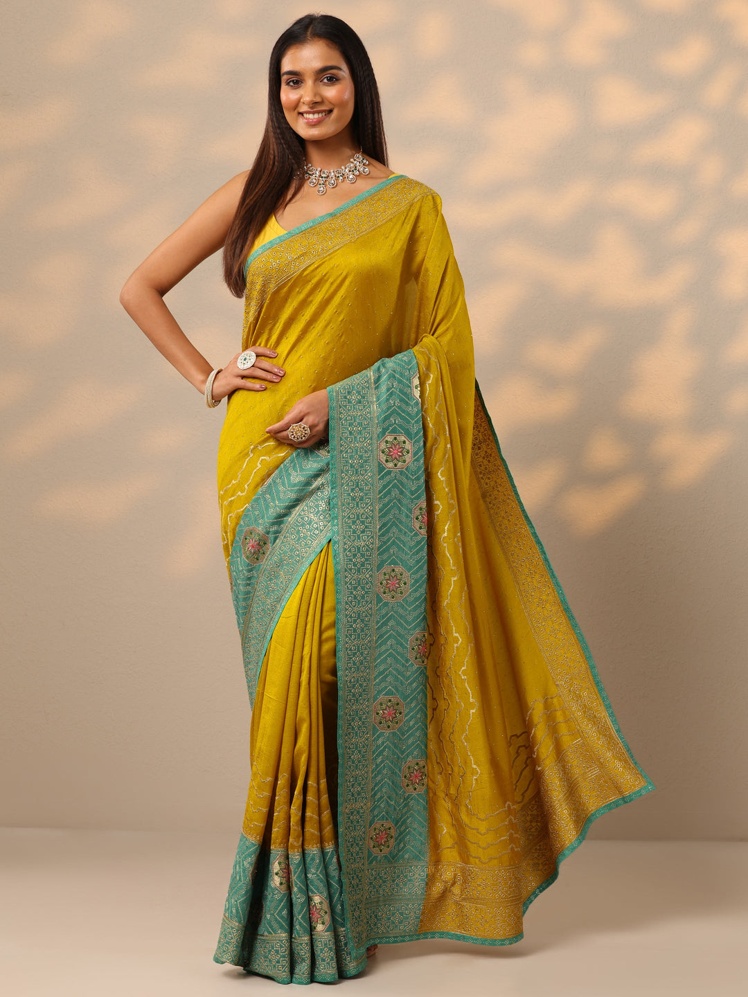 Mustard Embellished Silk blend Saree With Unstitched Blouse Piece