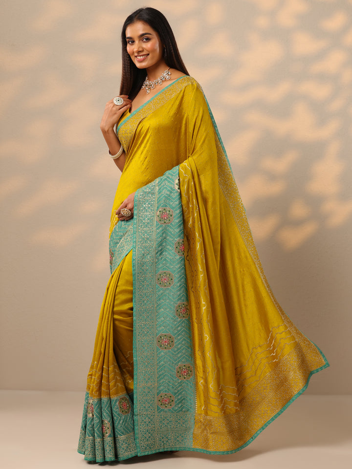 Mustard Embellished Silk blend Saree With Unstitched Blouse Piece