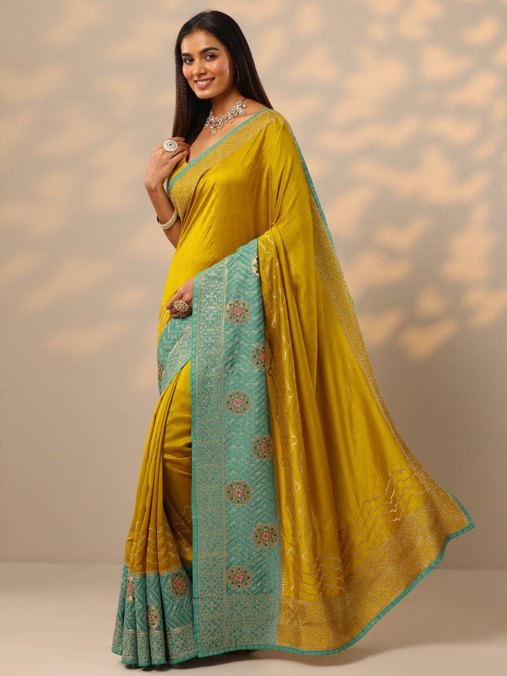 Mustard Embellished Silk blend Saree With Unstitched Blouse Piece