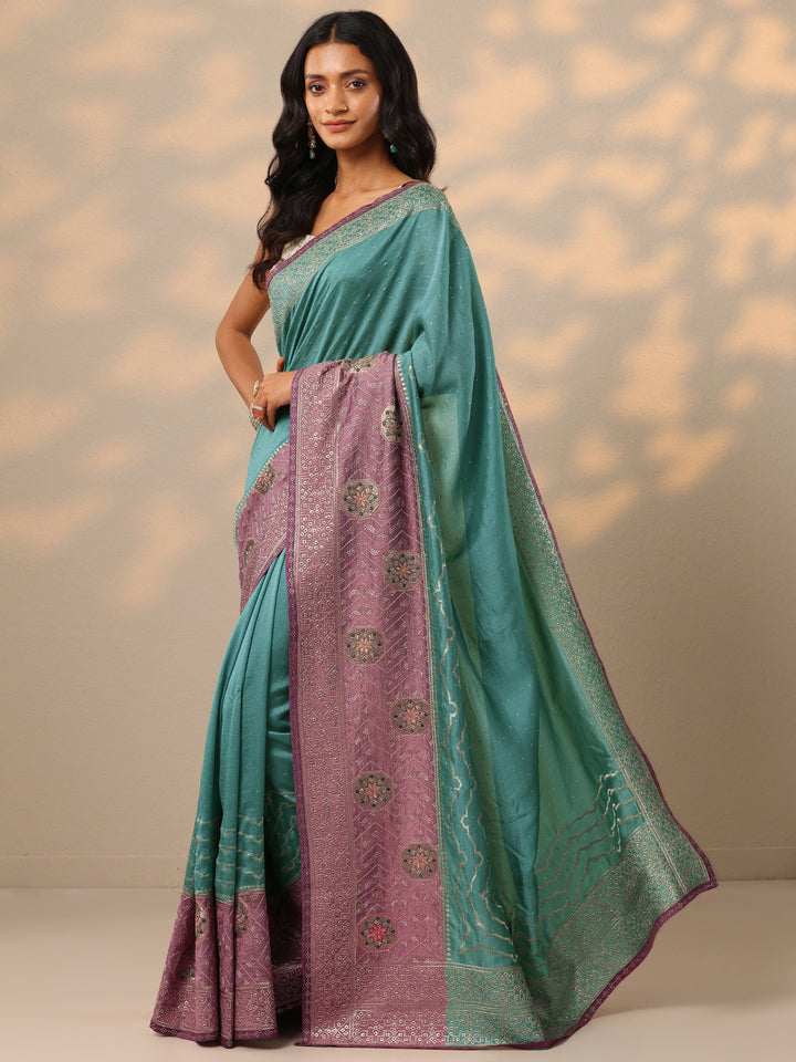 Turquoise blue Embellished Silk blend Saree With Unstitched Blouse Piece