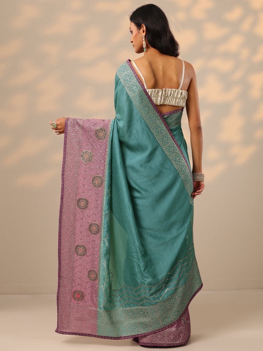 Turquoise blue Embellished Silk blend Saree With Unstitched Blouse Piece
