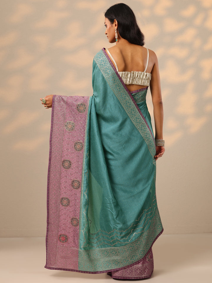 Turquoise blue Embellished Silk blend Saree With Unstitched Blouse Piece
