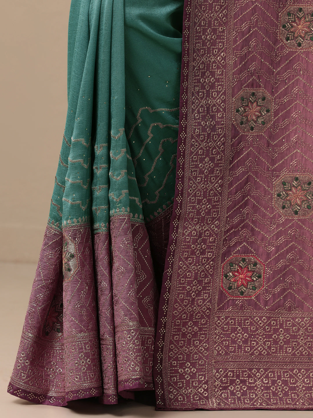 Turquoise blue Embellished Silk blend Saree With Unstitched Blouse Piece