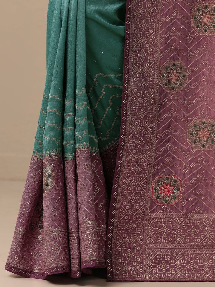 Turquoise blue Embellished Silk blend Saree With Unstitched Blouse Piece