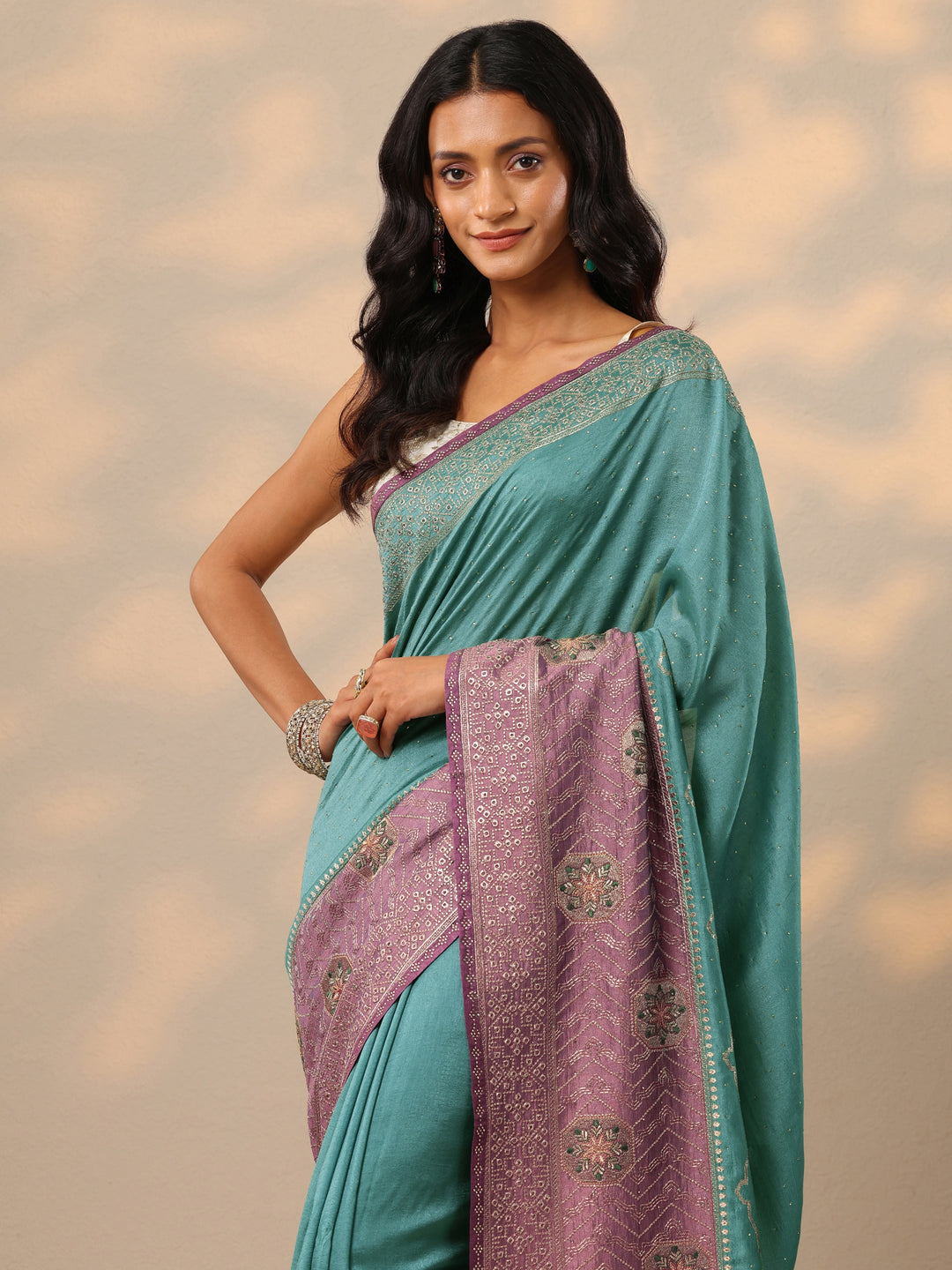 Turquoise blue Embellished Silk blend Saree With Unstitched Blouse Piece