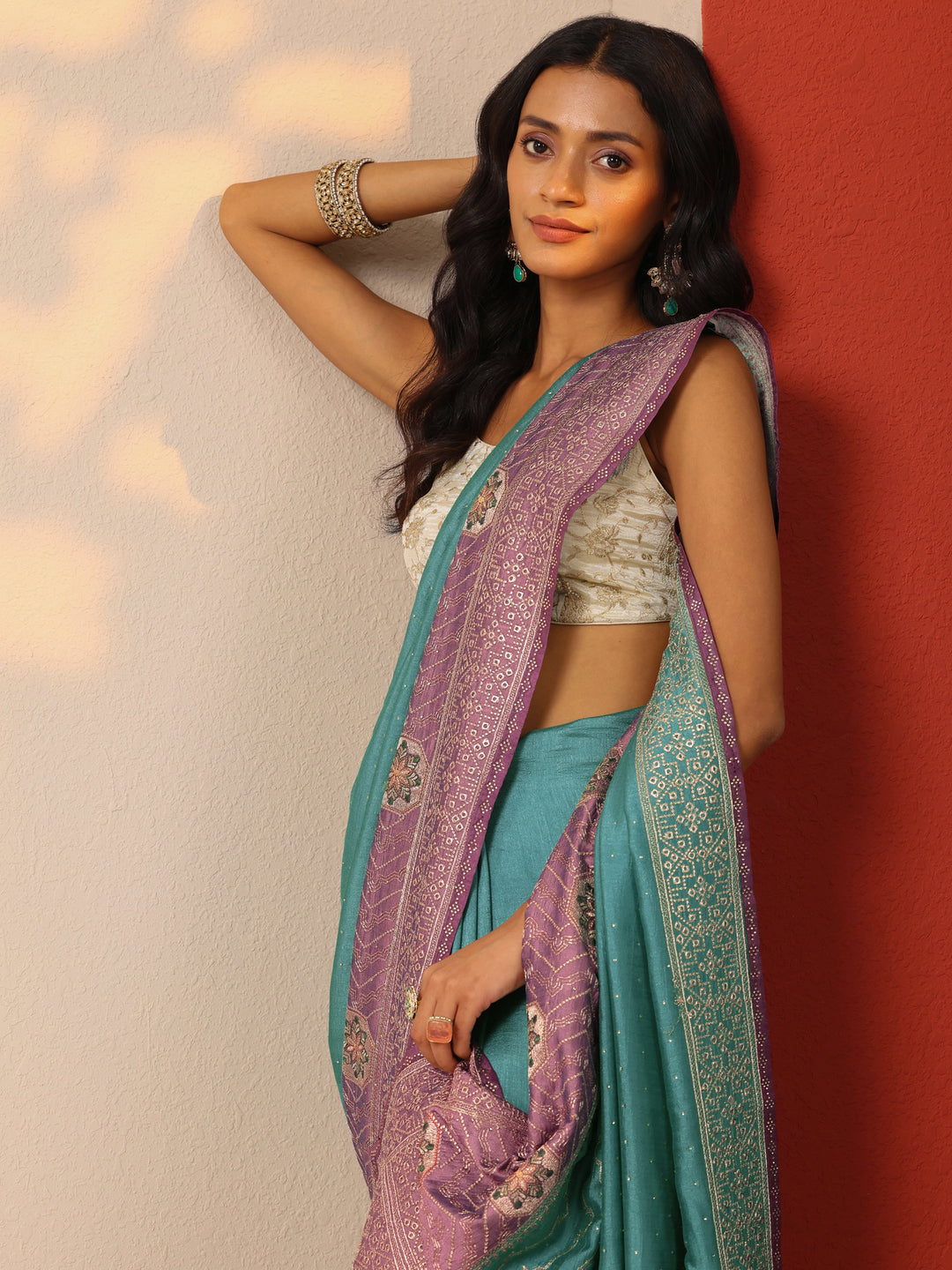 Turquoise blue Embellished Silk blend Saree With Unstitched Blouse Piece
