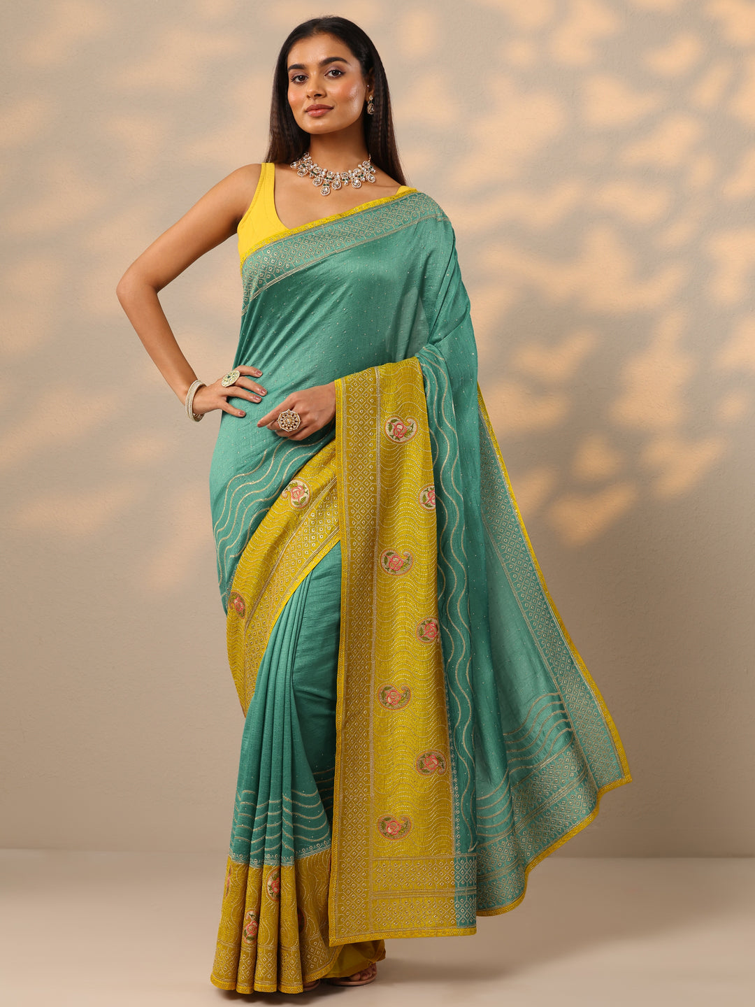 Turquoise blue Embellished Silk blend Saree With Unstitched Blouse Piece