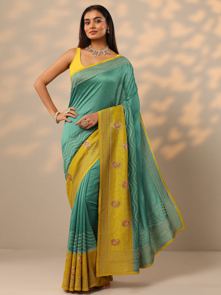 Turquoise blue Embellished Silk blend Saree With Unstitched Blouse Piece