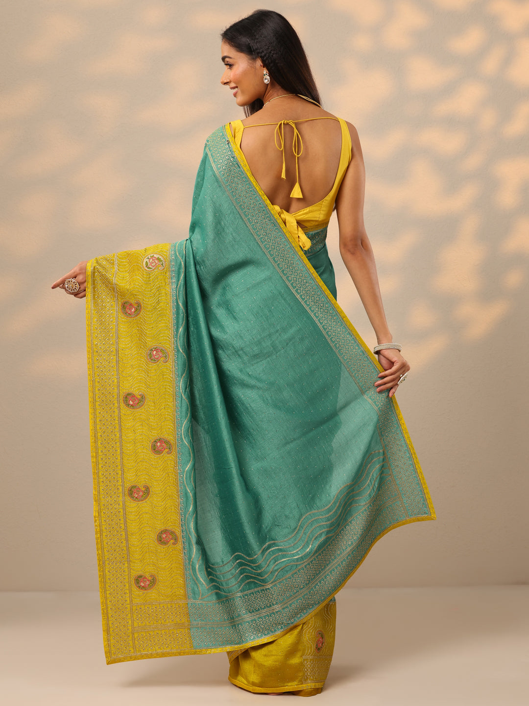 Turquoise blue Embellished Silk blend Saree With Unstitched Blouse Piece