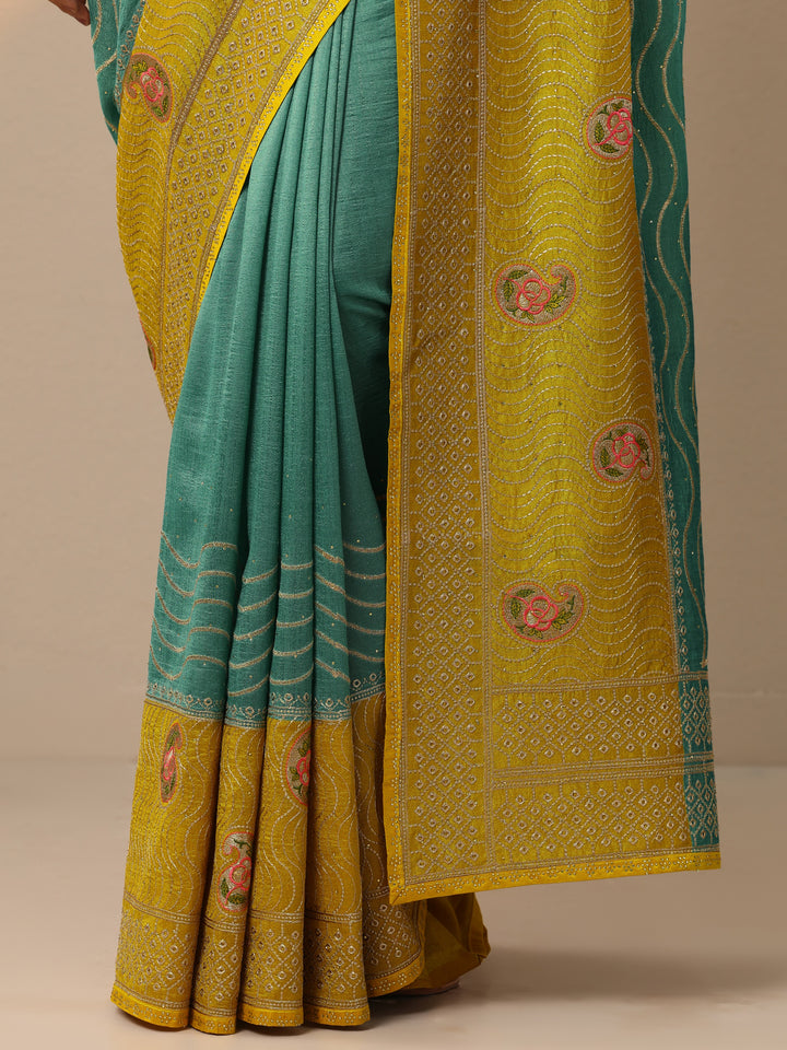 Turquoise blue Embellished Silk blend Saree With Unstitched Blouse Piece