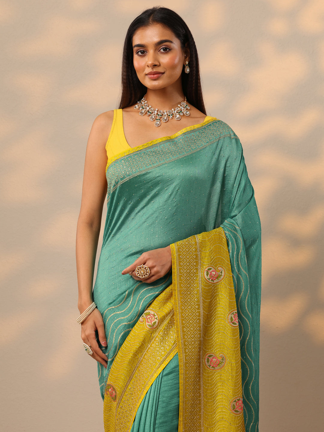 Turquoise blue Embellished Silk blend Saree With Unstitched Blouse Piece