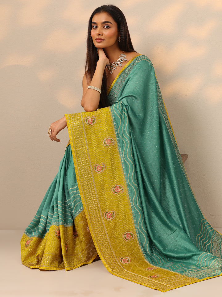 Turquoise blue Embellished Silk blend Saree With Unstitched Blouse Piece