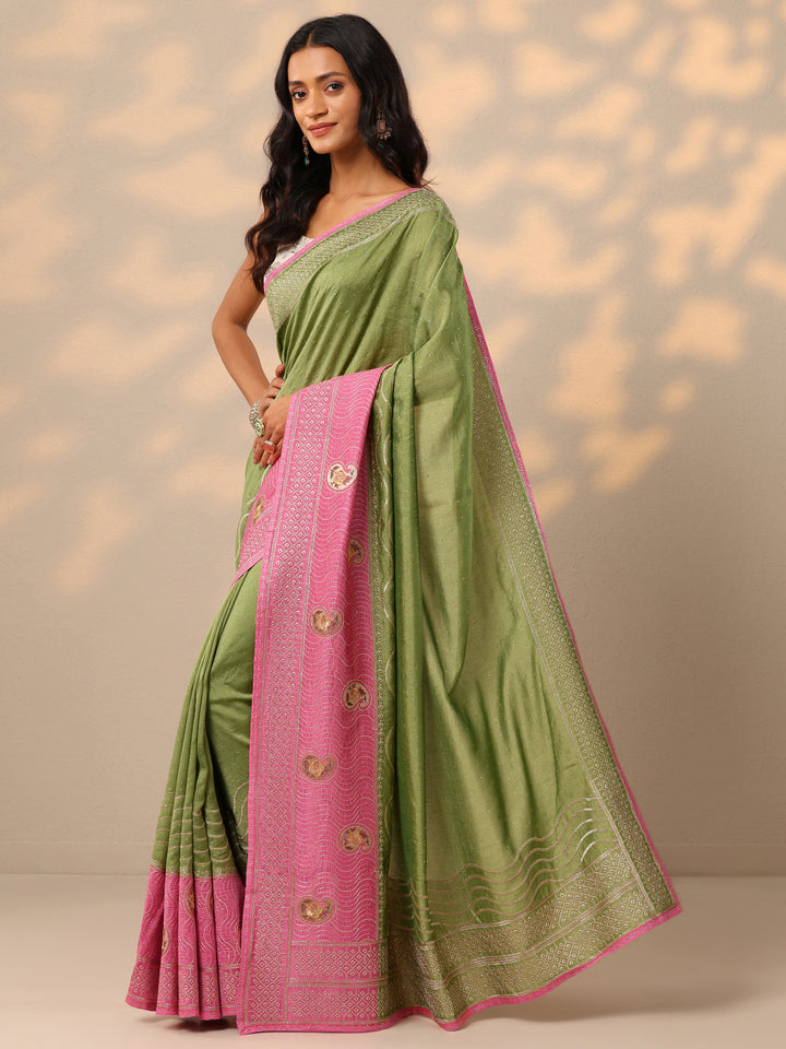 Green Embellished Silk blend Saree With Unstitched Blouse Piece
