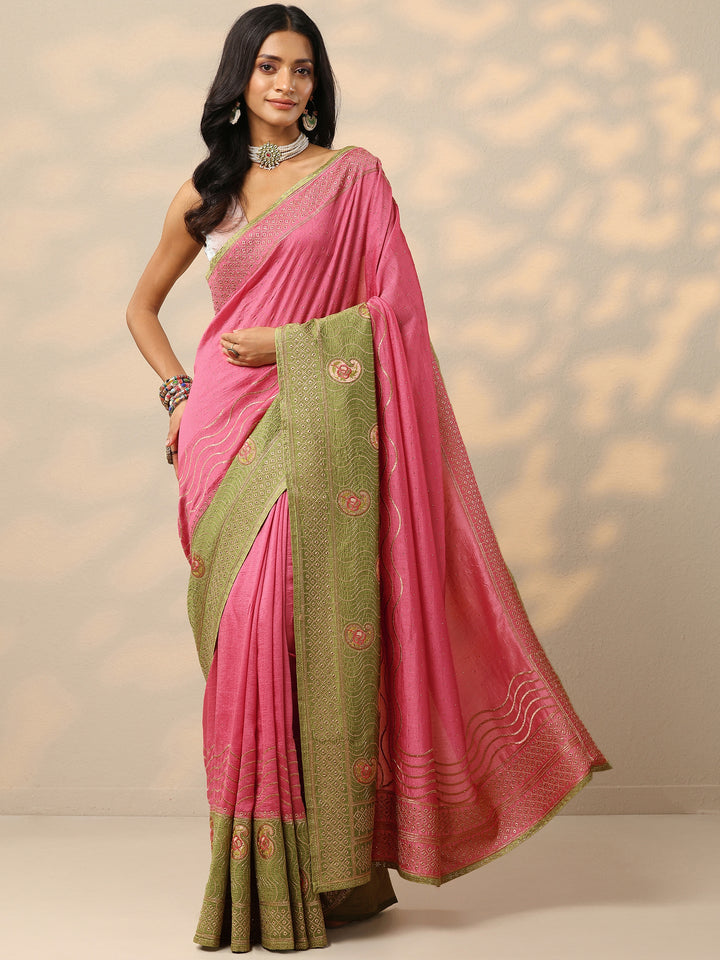 Pink Embellished Silk Blend Saree With Unstitched Blouse Piece