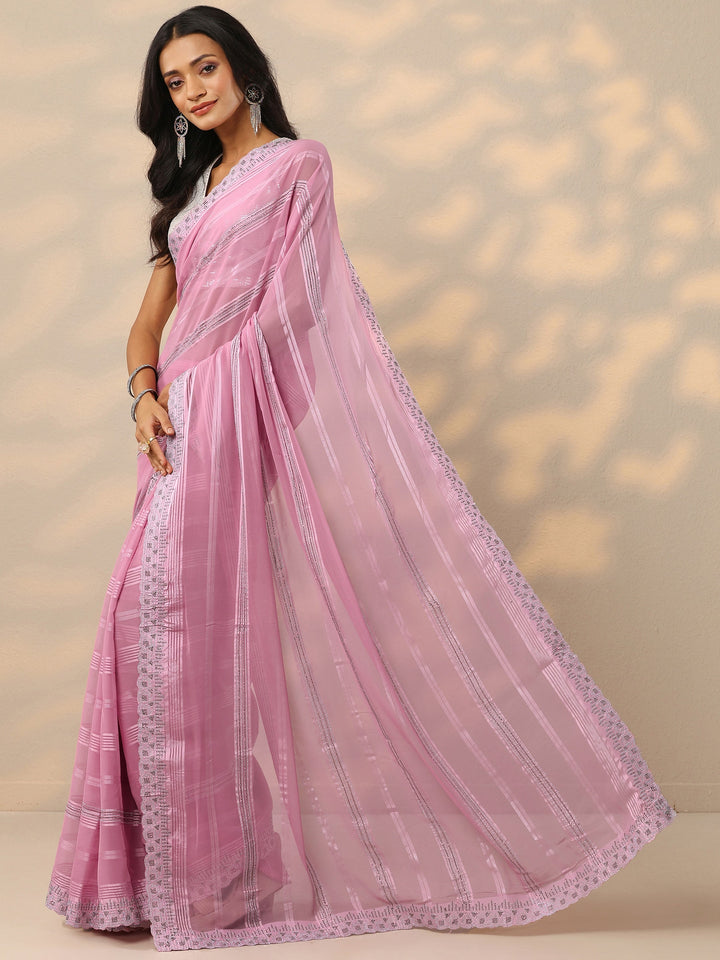 Pink Embellished Georgette Saree With Unstitched Blouse Piece
