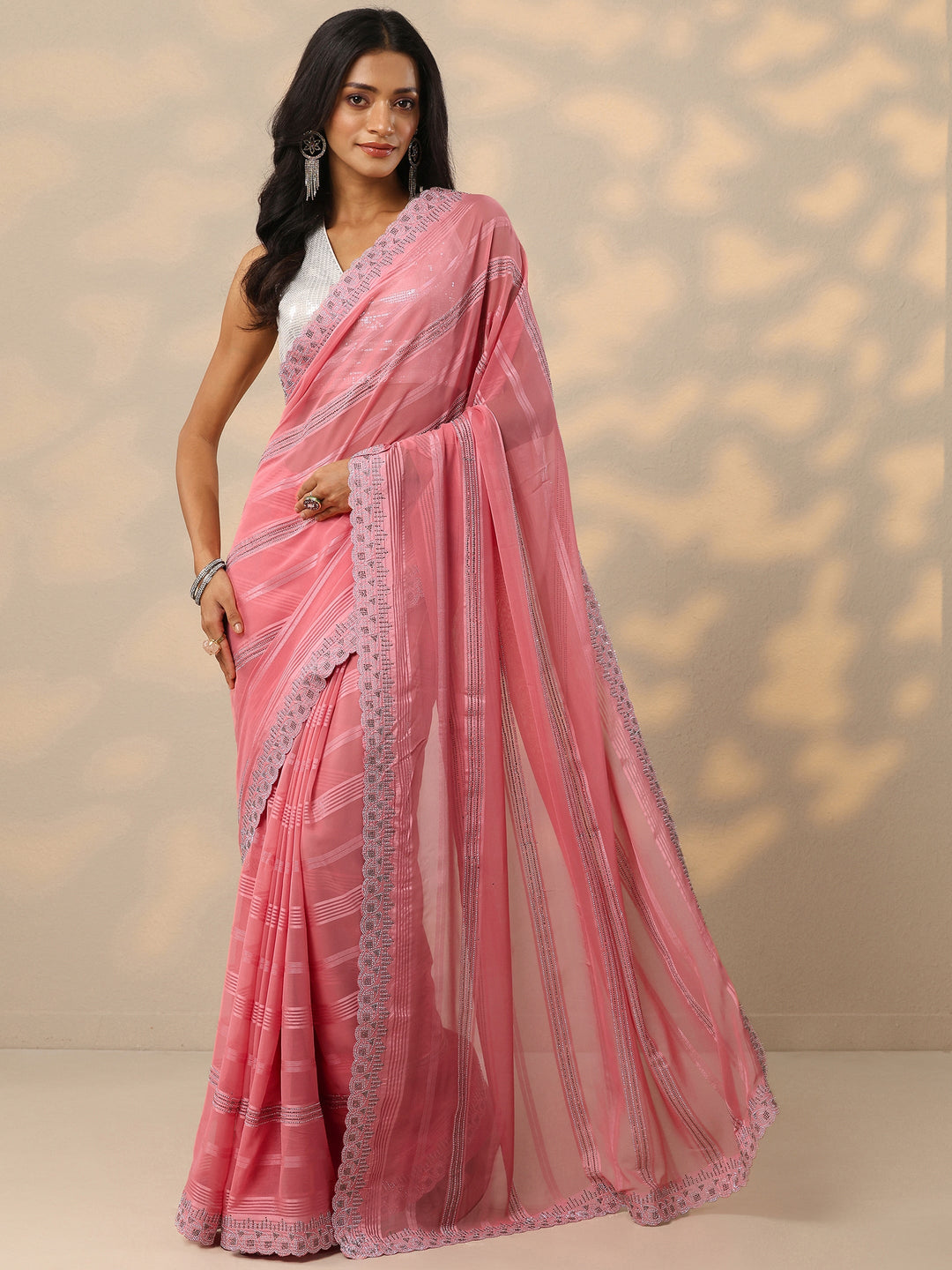 Peach Embellished Georgette Saree With Unstitched Blouse Piece