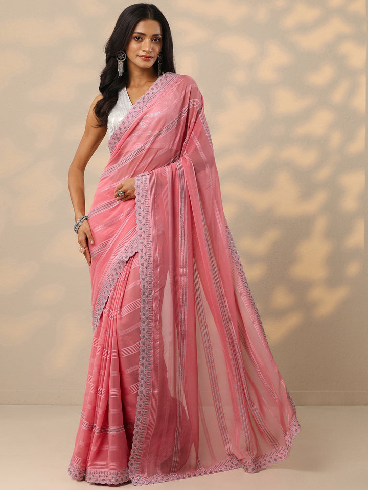 Peach Embellished Georgette Saree With Unstitched Blouse Piece