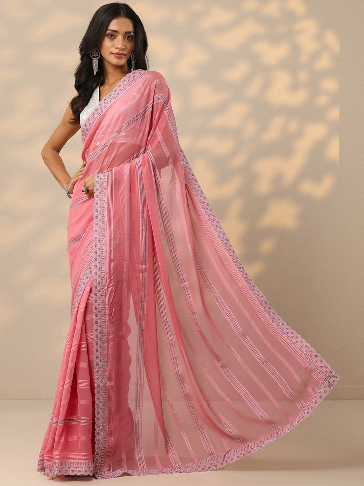 Peach Embellished Georgette Saree With Unstitched Blouse Piece