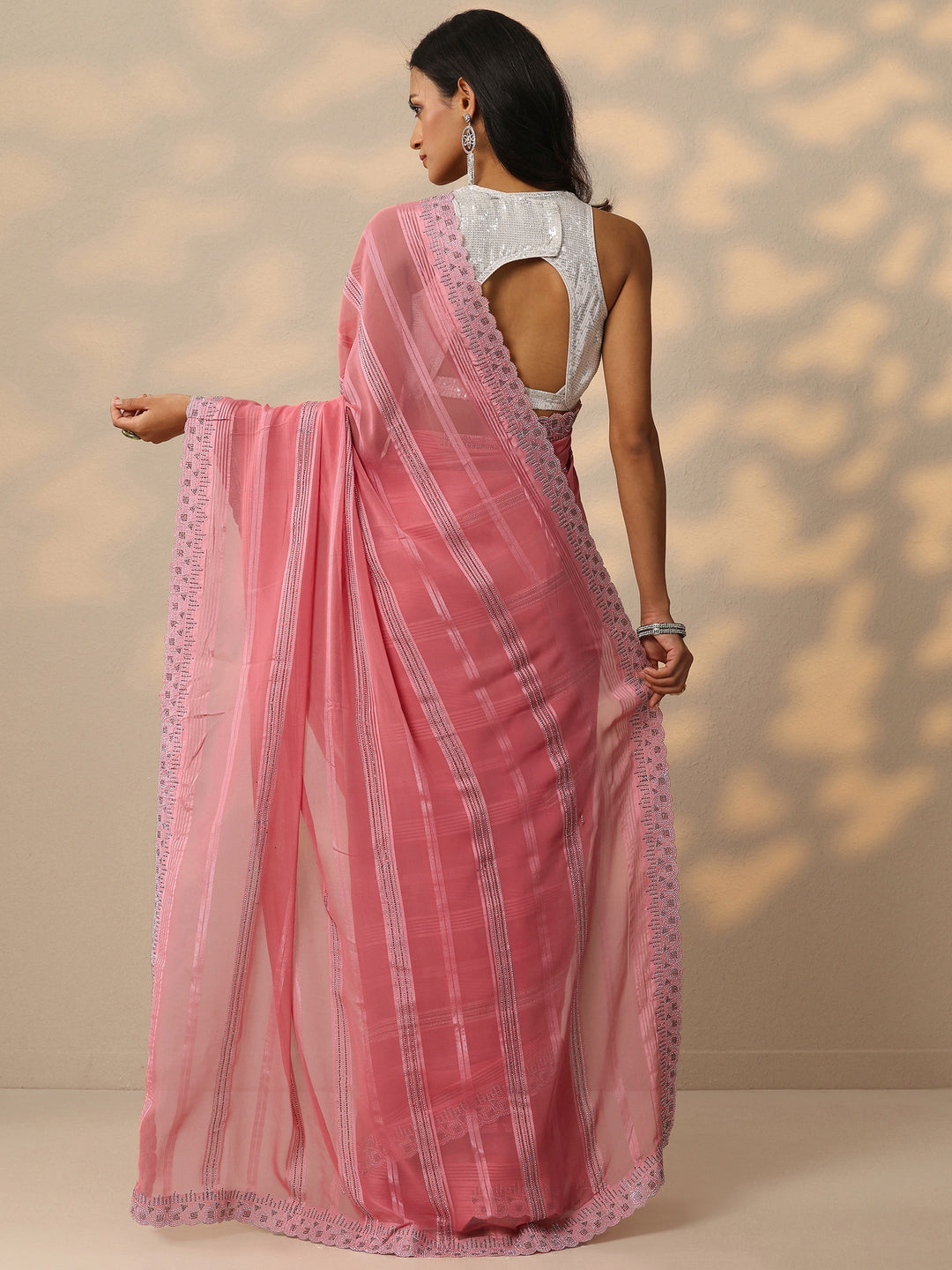 Peach Embellished Georgette Saree With Unstitched Blouse Piece