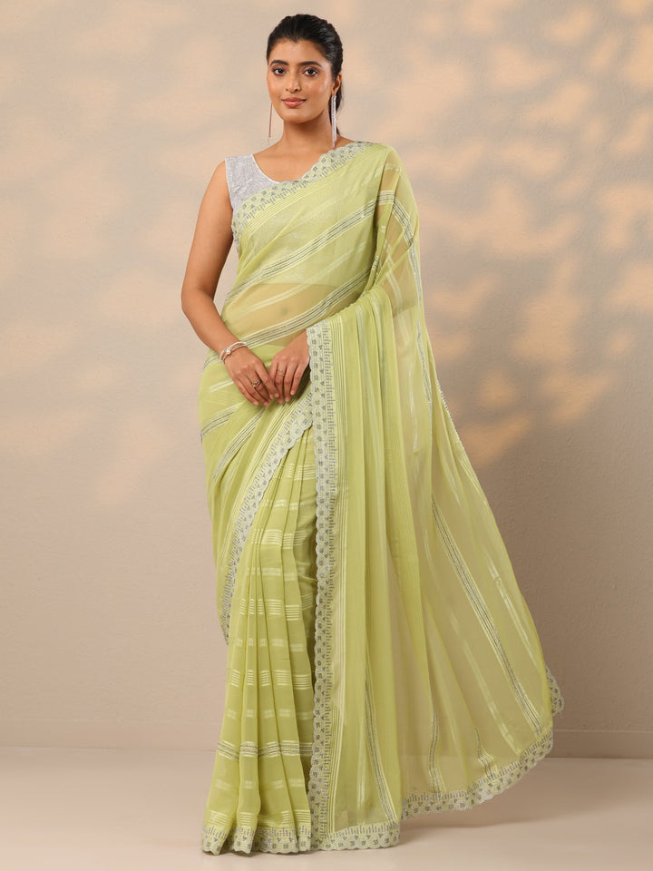 Green Embellished Georgette Sarees With Unstitched Blouse Piece