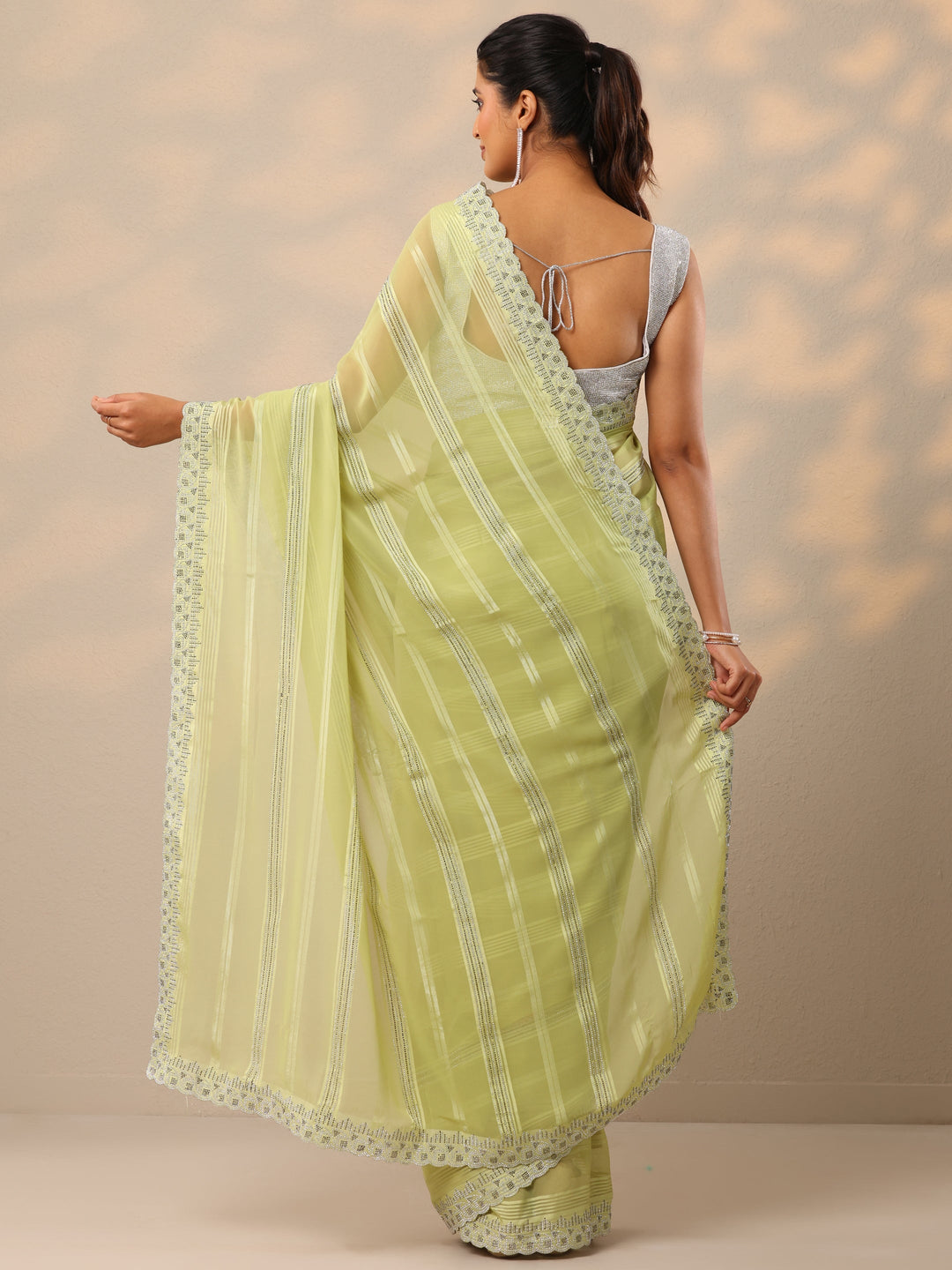 Green Embellished Georgette Sarees With Unstitched Blouse Piece
