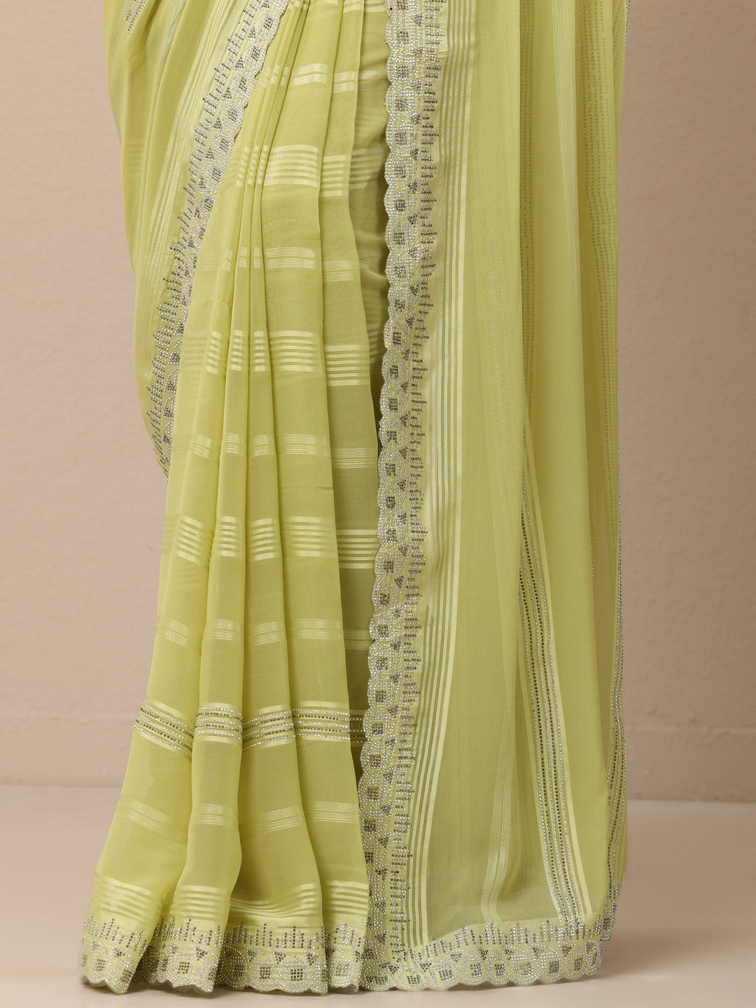 Green Embellished Georgette Sarees With Unstitched Blouse Piece