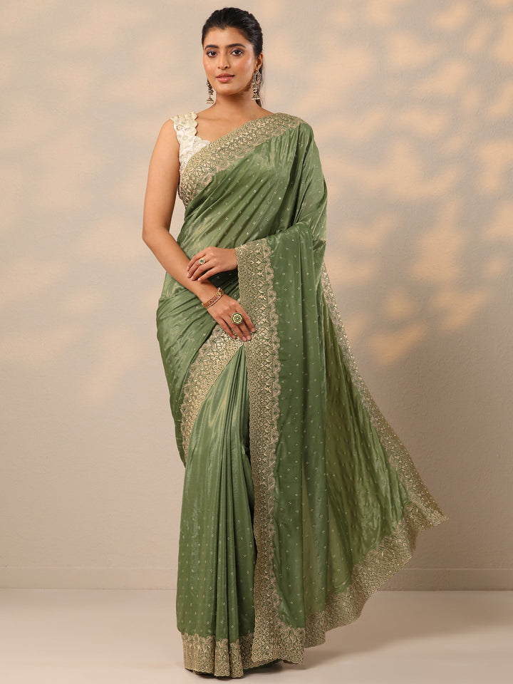 Green Embellished Crepe Sarees With Unstitched Blouse Piece