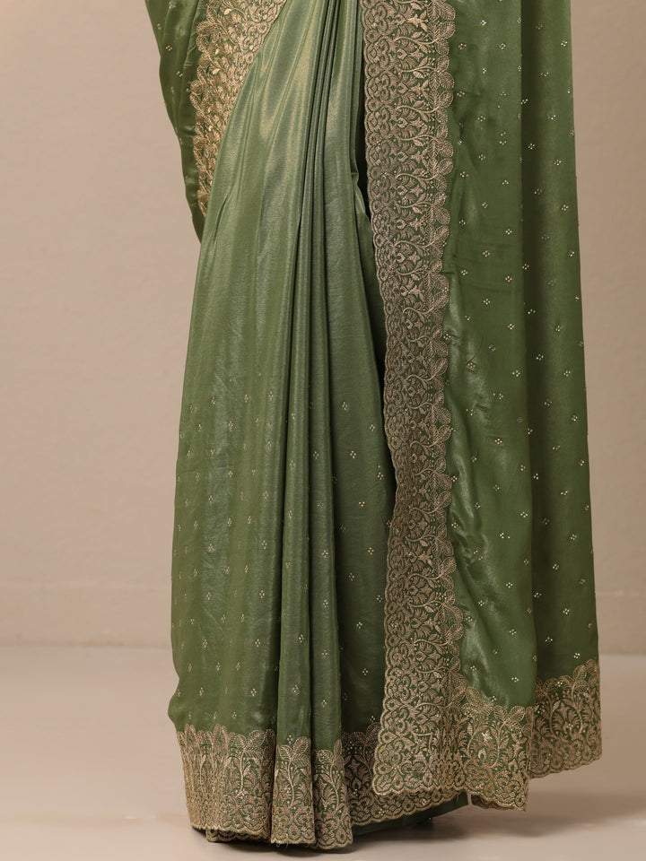 Green Embellished Crepe Sarees With Unstitched Blouse Piece