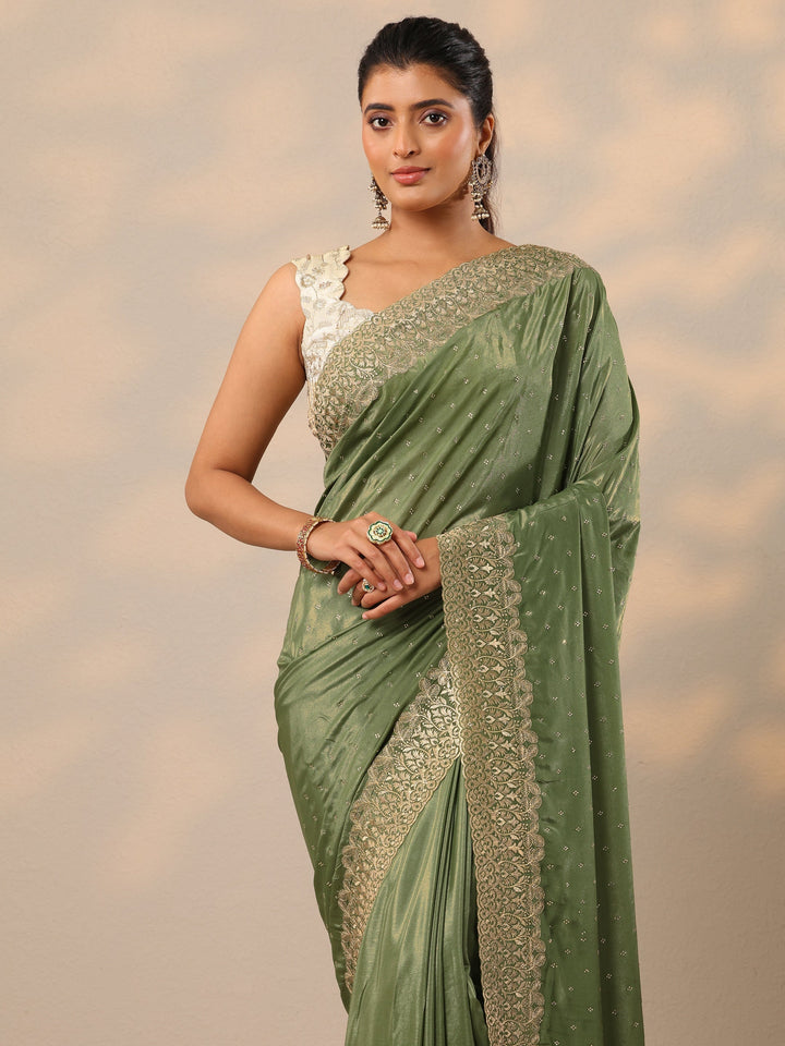 Green Embellished Crepe Sarees With Unstitched Blouse Piece