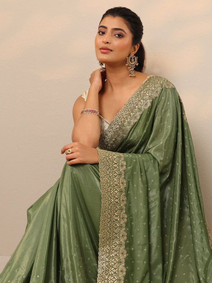 Green Embellished Crepe Sarees With Unstitched Blouse Piece