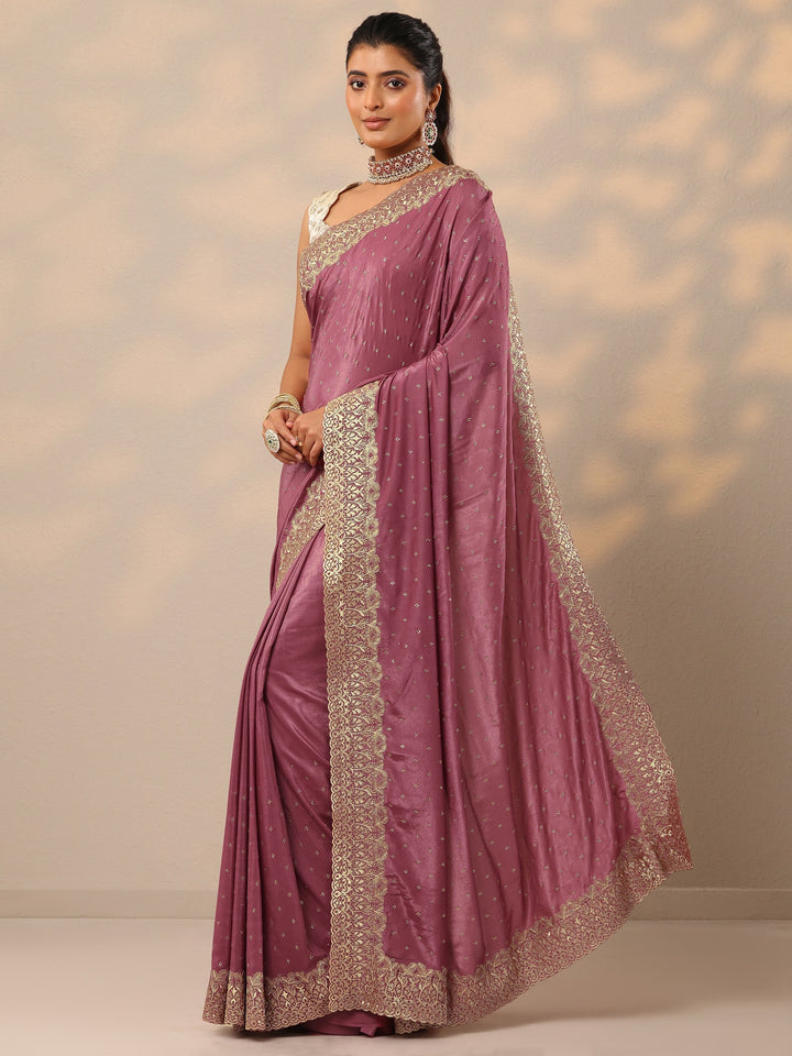 Mauve Embellished Crepe Sarees With Unstitched Blouse Piece