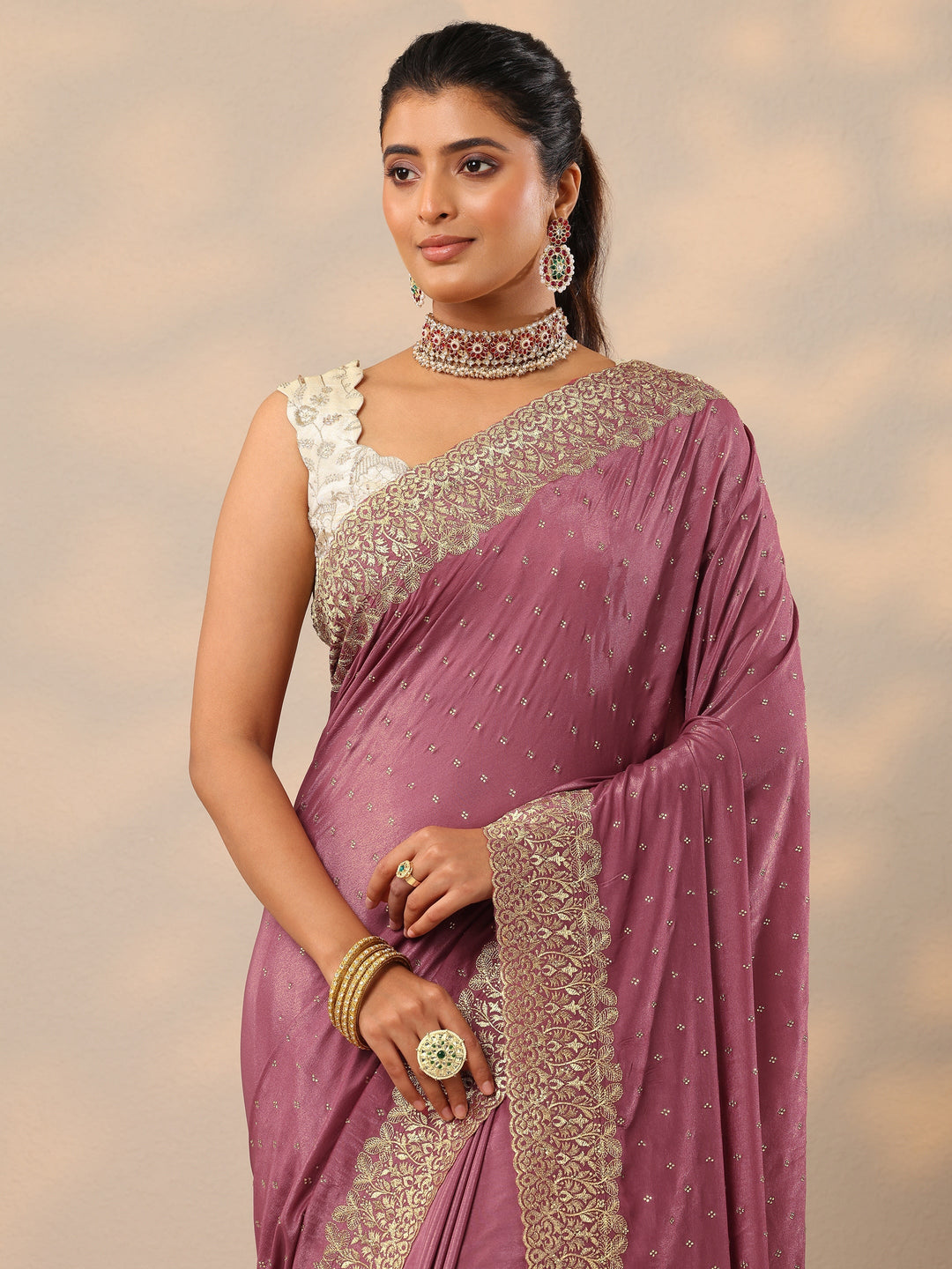 Mauve Embellished Crepe Sarees With Unstitched Blouse Piece